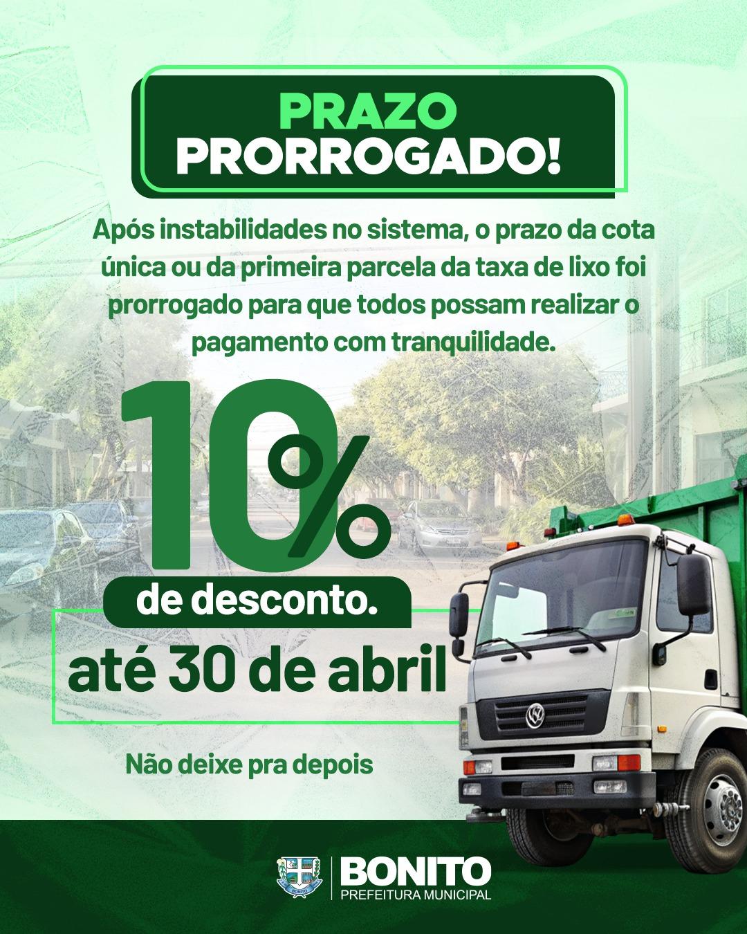 Prefeitura de Bonito prorroga prazo da 1º parcela da taxa de resíduos e mantém desconto na cota única